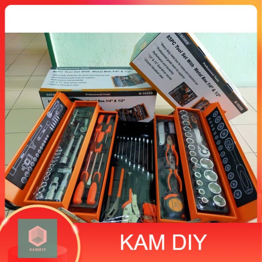 SATAGOOD Cantilever Metal Tool Box Set of 85 pcs 1/4 & 1/2 Tool Set