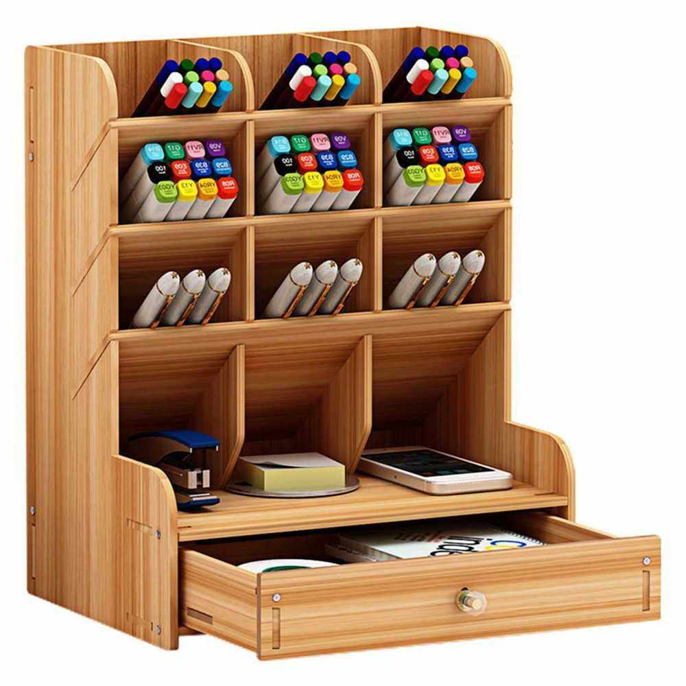 Wooden Desktop Organizer Multi-functional Pen Holder Storage Box Desktop Stationary Storage Organizer with Drawer for Home Office School (Standard)
