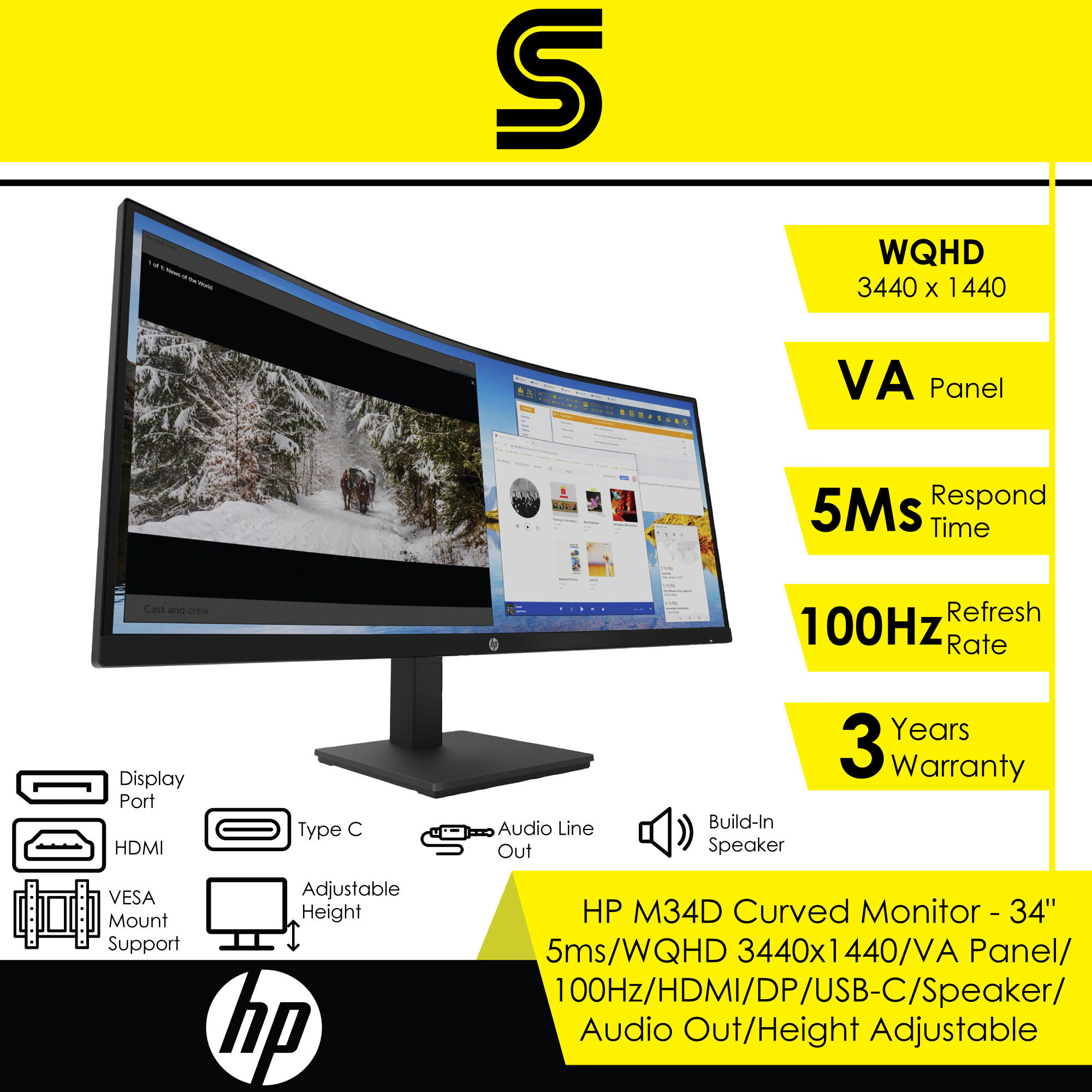 HP M34D Curved Monitor - 34"/5ms/WQHD 3440x1440/VA Panel/100Hz/HDMI/DP/USB-C/Speaker/Audio Out/Height Adjustable