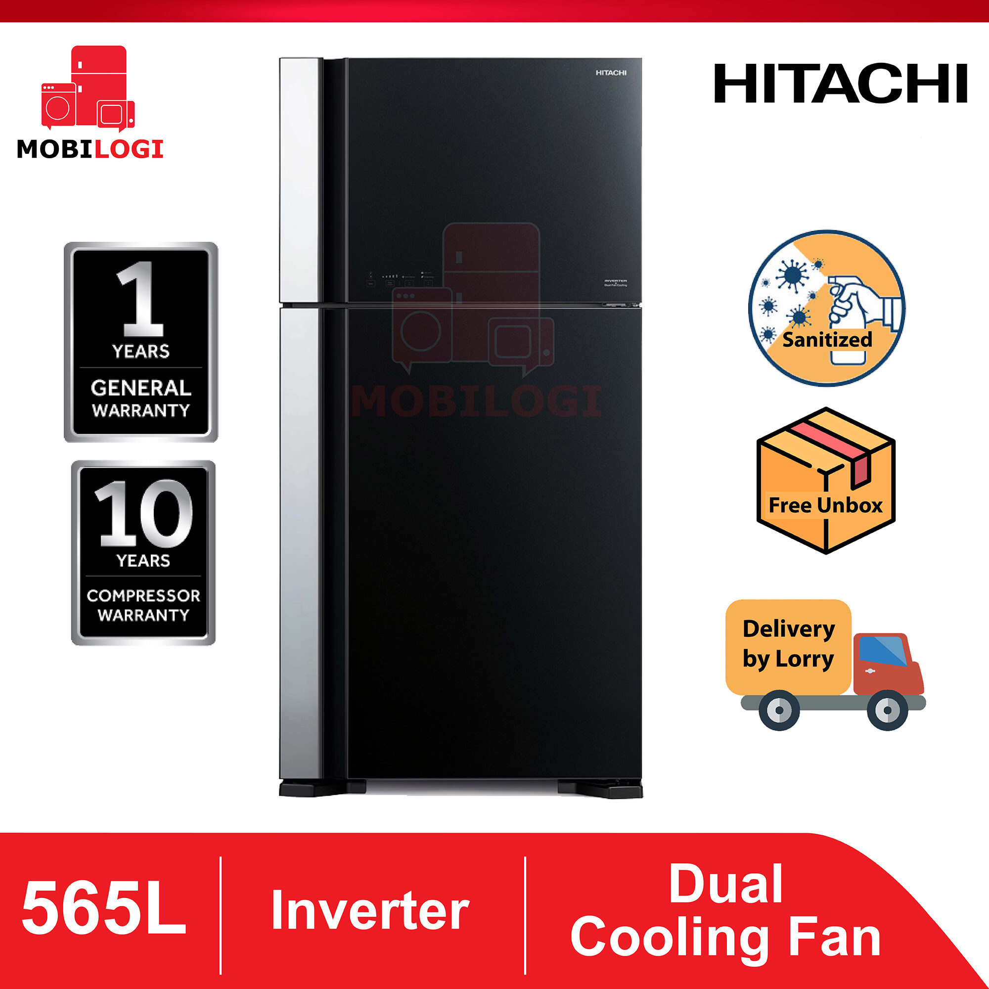 Hitachi 565L 2 Door Glass Door Top Freeze Refrigerator Peti Sejuk R-VG660P7M-10-BBK