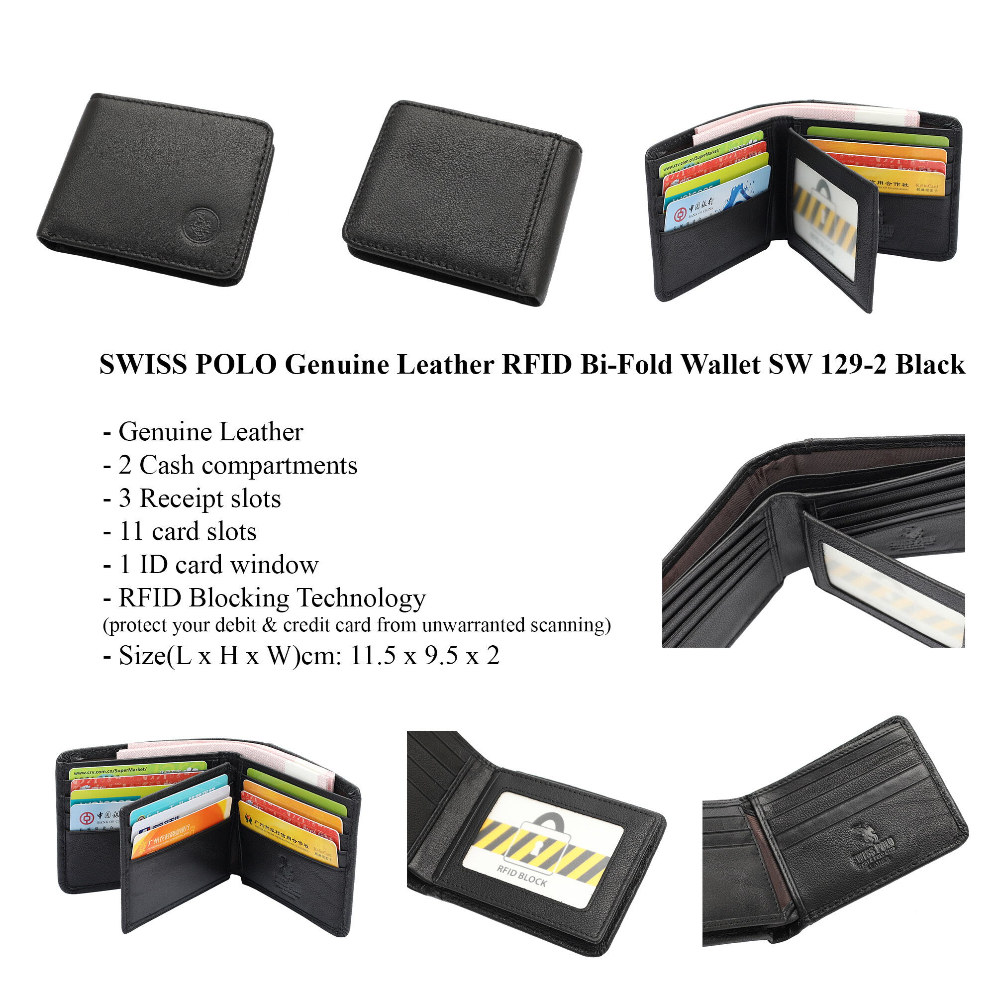 SWISS POLO Genuine Leather RFID Short Wallet SW 129-2 BLACK