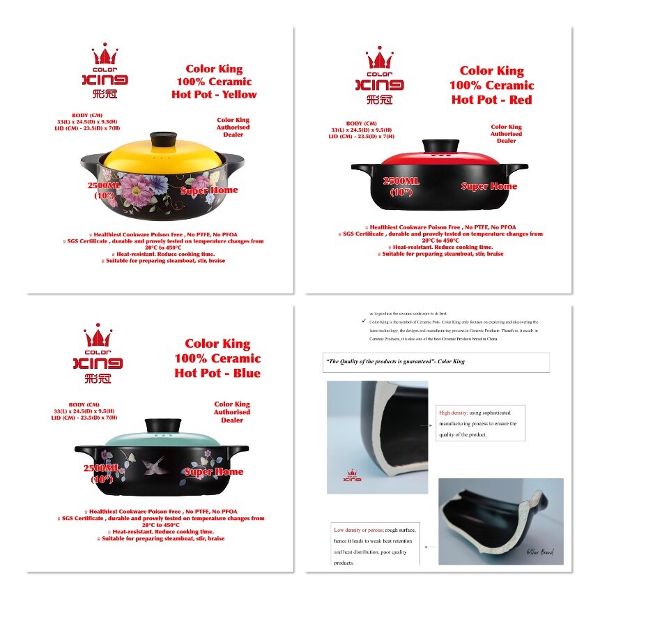 Color King Hot Pot 2500ml 100% Ceramic Hot Pot 10 inches (3239-10) - ShangChu Series
