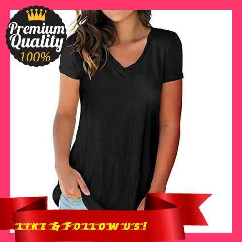 People\'s Choice New Fashion Women T-shirt Solid Color V Neck Short Sleeve Rounded Hem Long Casual Party Wear Summer Tops (Black)