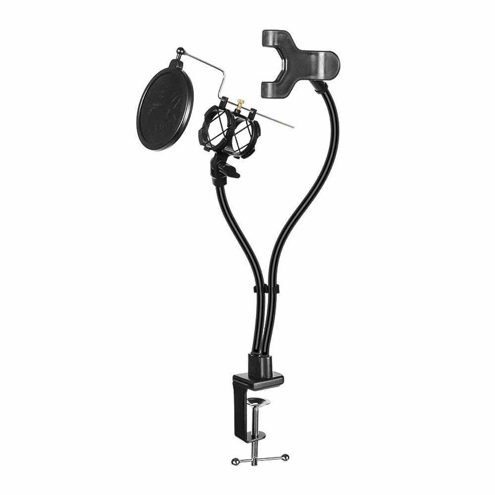 Microphone and Smartphone Stand Desk Holder with Clamp Windscreen for Live Stream/Online Course/Karaoke (Standard)