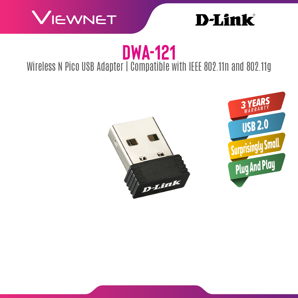 D-Link Wireless Pico USB Adapter, DWA-121 N150, 2.5GHz, USB 2.0, Wireless