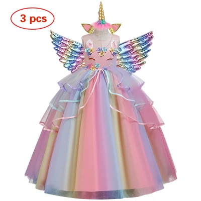 NNJXD Baby Girls' Children's Clothes 5-14 Years Unicorn Dresses Embroidery Long Dress +Unicorn Headband + Wings for Birthday Party Wedding