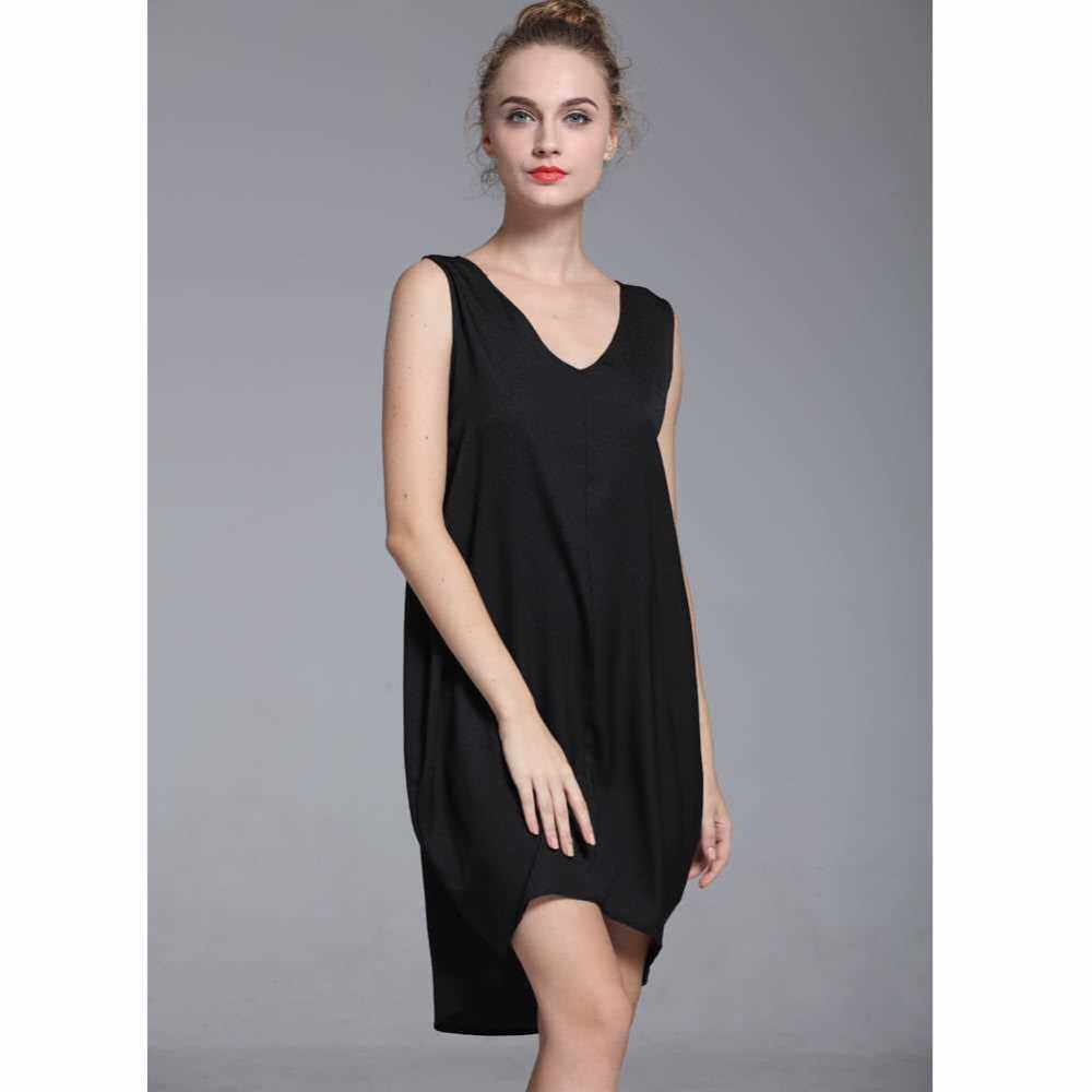 Fashion V Neck High Low Hem Loose Asymmetric Shift Women's Tank Mini Dress (Black)