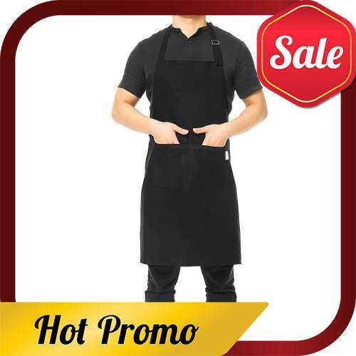Multi-purpose Kitchen BBQ Restaurant Apron Cooking Grilling Waiter Apron with Adjustable Neck Belt Ultra Long Waist Ties Two Front Pockets for Anyone--Black (Black)