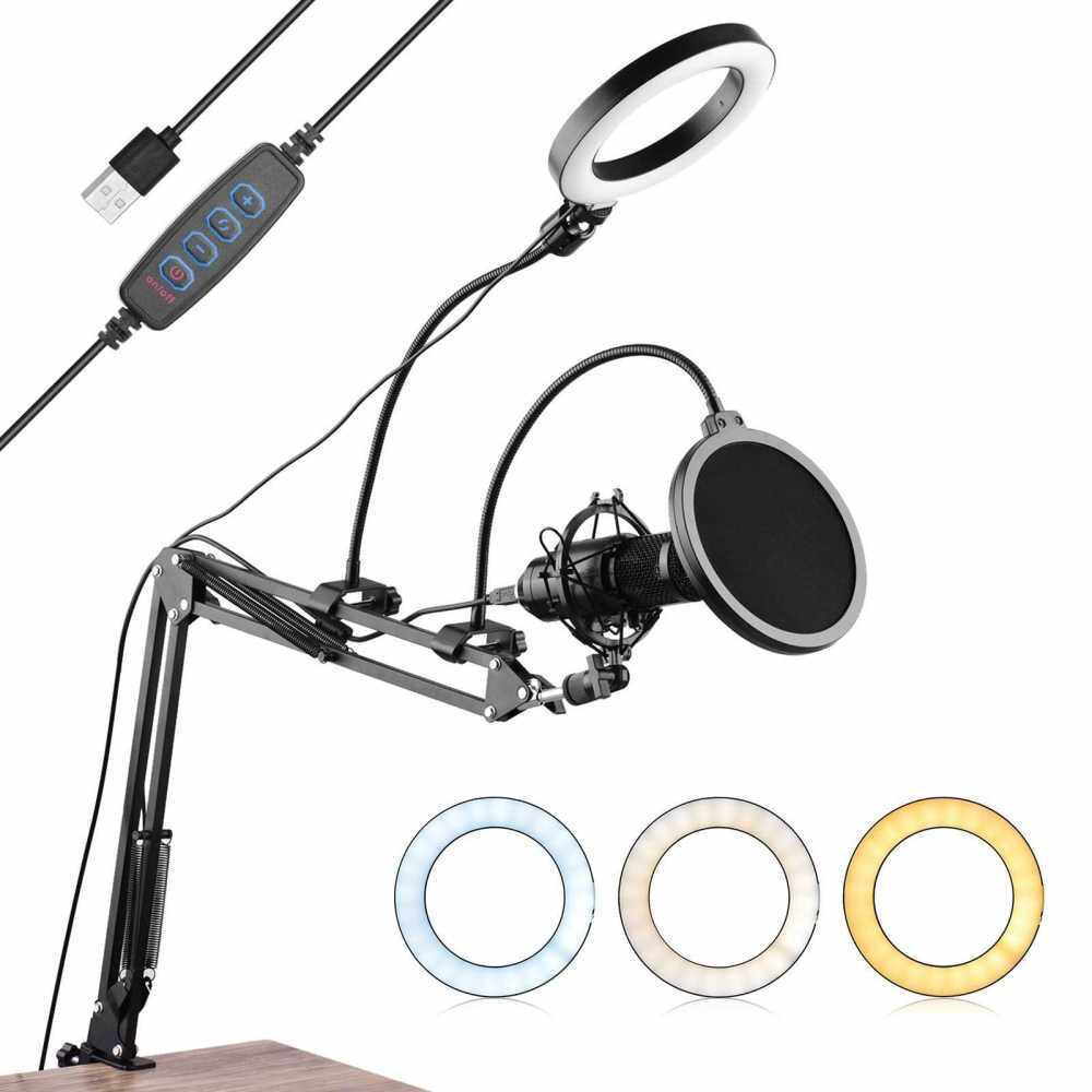 6.3inch/16cm Video Microphone Ring Light Kit with Pop Filter Articulating Arm Ball Head Light Stand Micropone Shock Mount (Standard)
