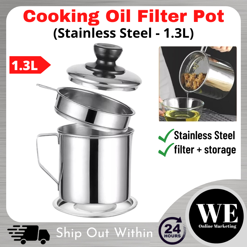 (Ready Stock) Oil Filter Pot - 304 Stainless Steel Cooking Oil Grease Keeper Container with Strainer Deep Fried Bekas Penapis Minyak Masak Goreng 1.3Liter 1.8Liter 1.3L 1.8L