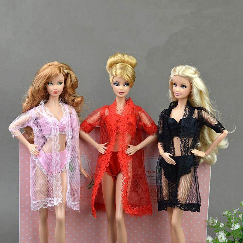 Pajamas Lace Long Coat + Bra + Underwear Clothes For Barbie Doll Clothes