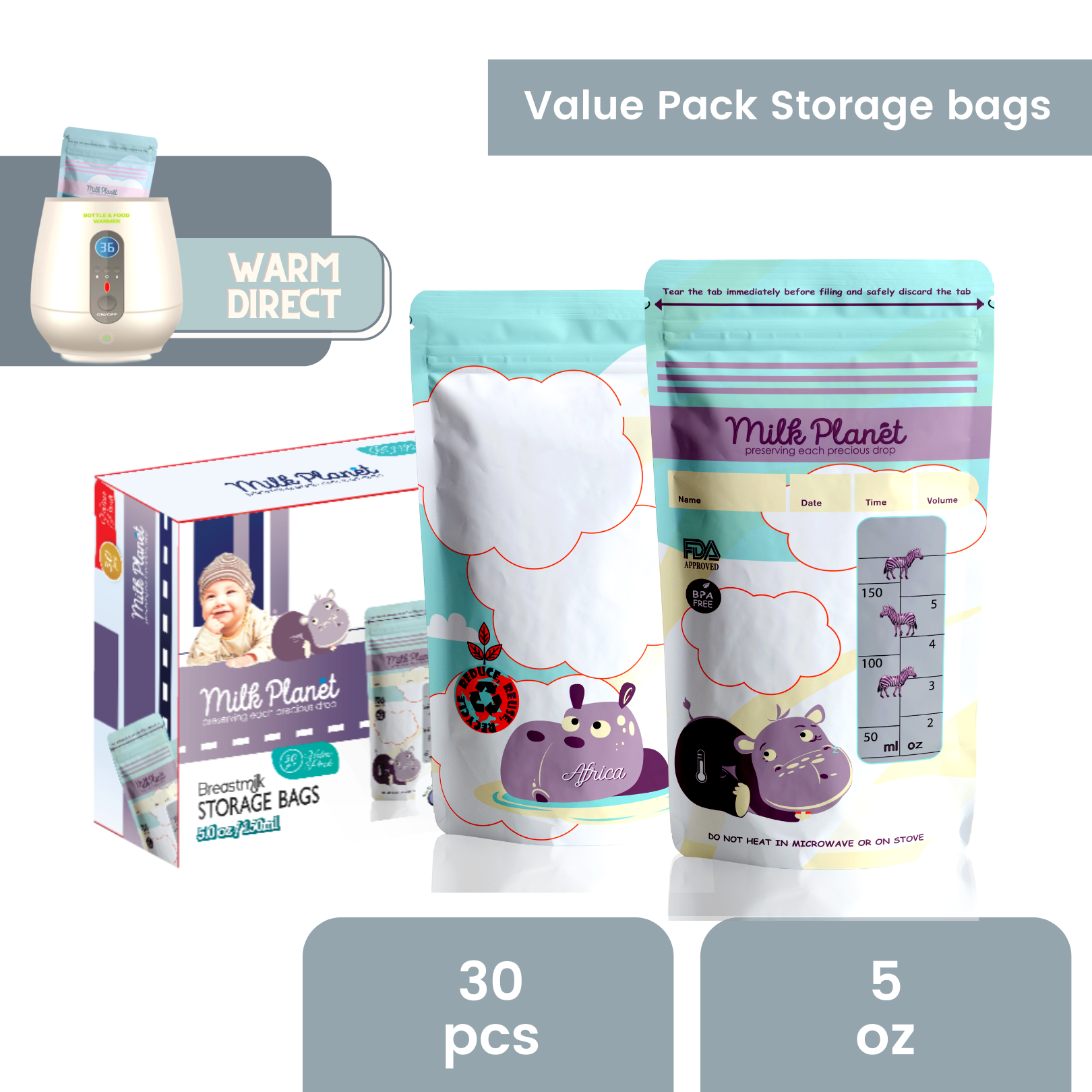 Milk Planet Double ZipLock Breastmilk Storage Bags 3.5oz/5oz/7oz/10oz/12oz Plastic Simpan Susu Badan Susu Ibun Breast Milk Storage Bag Thermal Sensor
