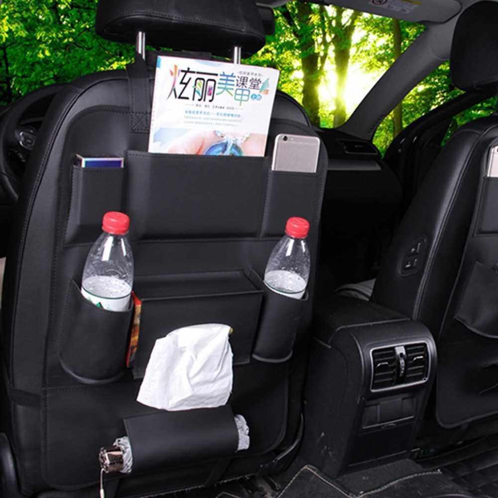 Car Seat Storage Bag Hanging Car Back Child Safety Multifunction Leather Storage Box Multi-Pocket Scratch Rresistant (Black)