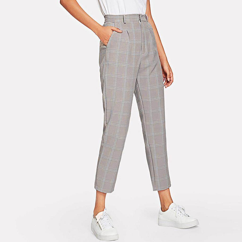 Fashion Women Casual Trousers Skinny Plaid Print Pocket Side Ankle-Length Pants