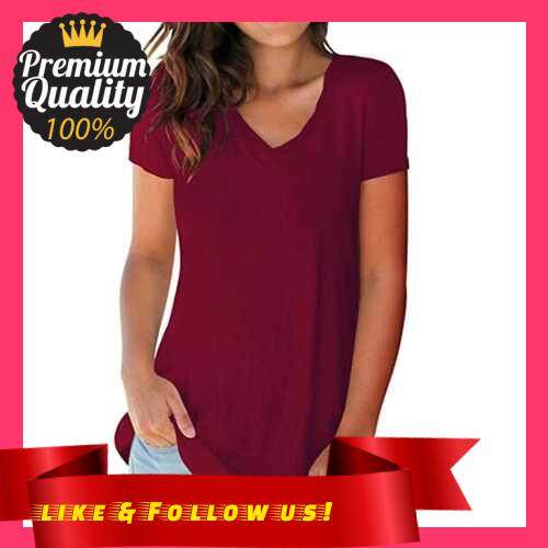 People\'s Choice New Fashion Women T-shirt Solid Color V Neck Short Sleeve Rounded Hem Long Casual Party Wear Summer Tops (Burgundy)
