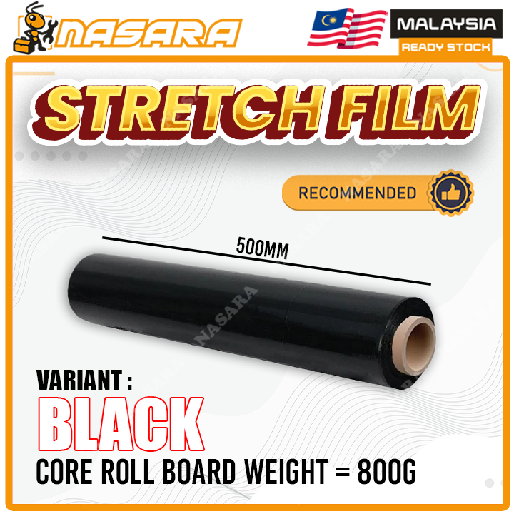 Nasara 1 Roll Black / Clear Stretch Film Shrink Wrap Plastic Packaging 500MM x 3KG