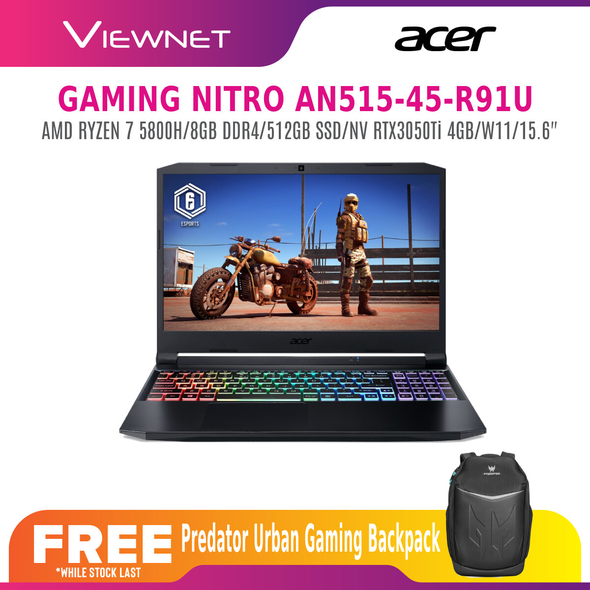 Acer Nitro 5 AN515-45-R91U 15.6\'\' FHD 144Hz Gaming Laptop ( Ryzen 7 5800H, 8GB, 512GB SSD, RTX3050Ti 4GB, W11)
