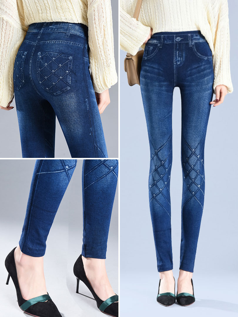 HOT apexb5 - New Imitation Denim Skinny Pants Women's High Waist plus Size All-Match Slim Skinny Pants High Elasticity Autumn and Winter Leggings Wholesale
