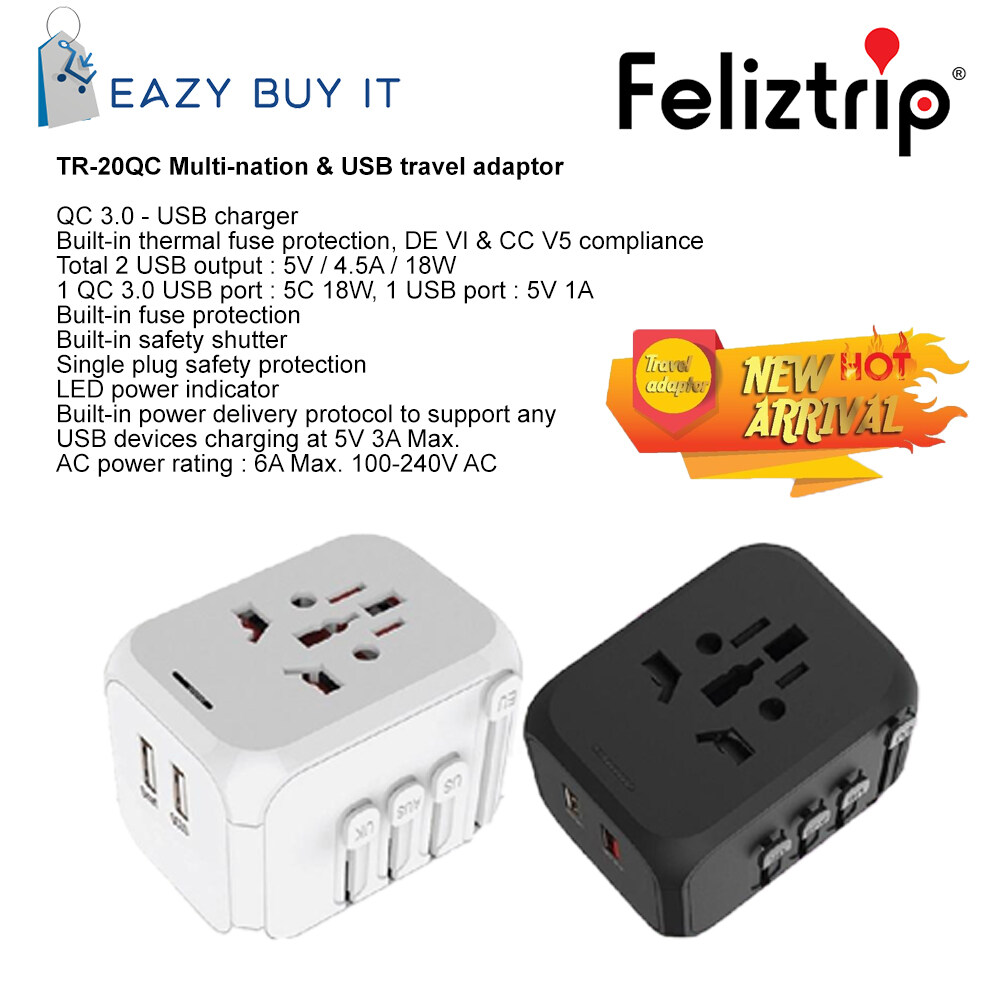 【READY STOCK】 FELIZTRIP Multi-Nation & USB Travel Adaptor with Type-C +3 USB TR20QC