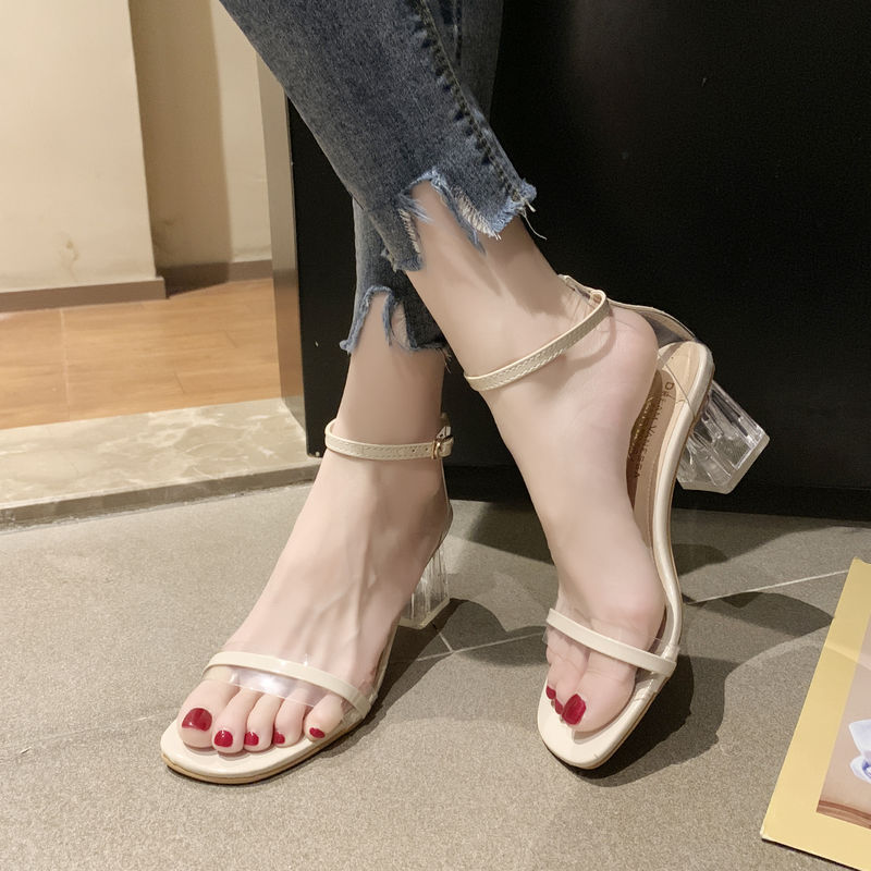 {Advanced shoes city} Sandals with Net Red Transparent High Heels Women's Summer 2023 Korean Style All-Match Crystal Chunky Heel Fairy Style