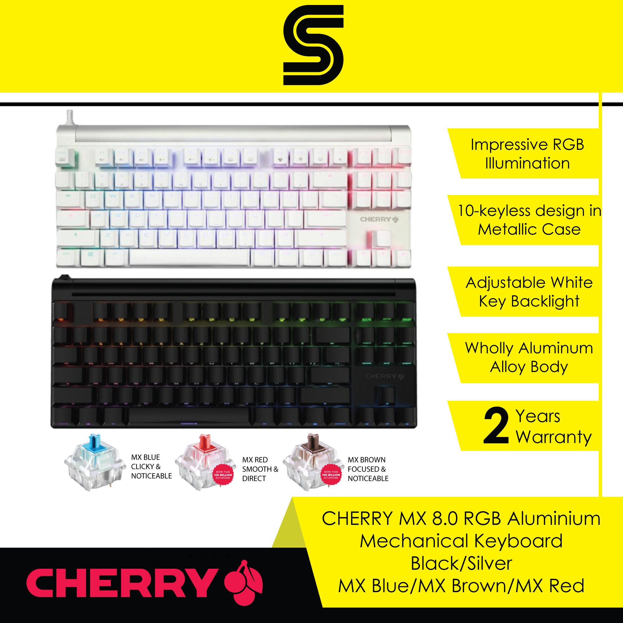 CHERRY MX 8.0 RGB Aluminium Mechanical Keyboard - Black/Silver - MX Blue/MX Brown/MX Red Switch