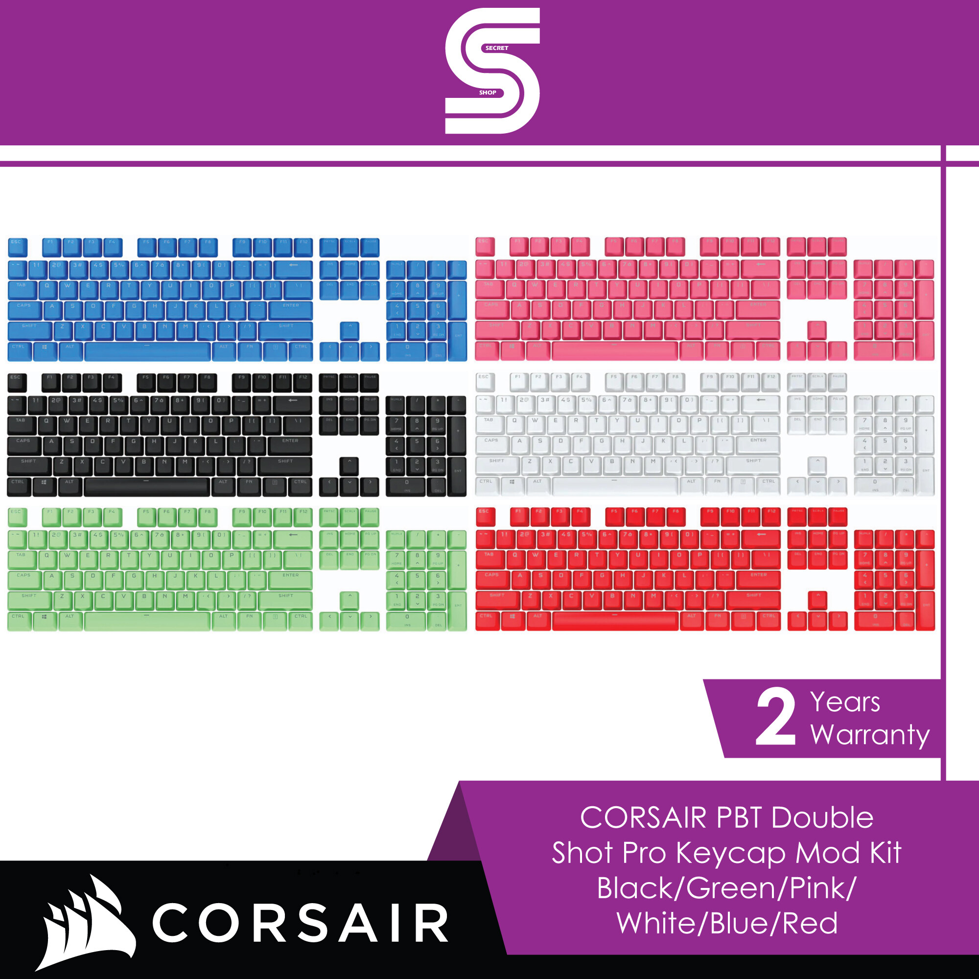 CORSAIR PBT Double Shot Pro Keycap Mod Kit - Onyx Black/Mint Green/Rogue Pink/Arctic White/Elgato Blue/Origin Red