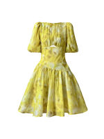 Alisa.Sonya Women Floral Casual Dress round collar short puff sleeve korean style women MIDI Pleated Lemon Yellow dress