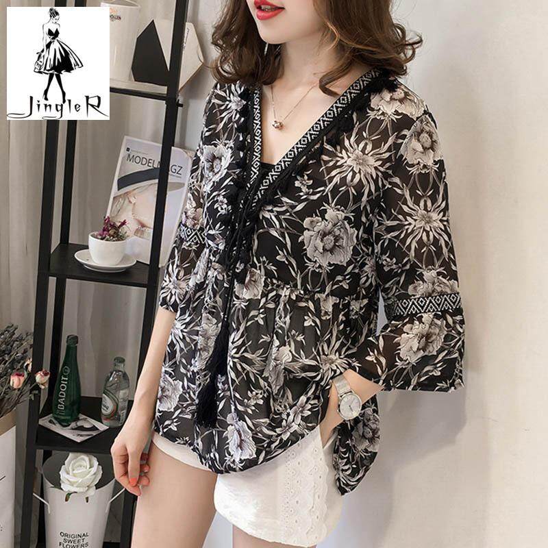 JingleR Women Summer Tops Chiffon Tassel Splice V Neck 3/4 Sleeves Baggy Tops