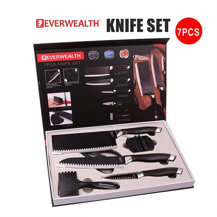 (Promotion) Knife Kitchen Set Stainless Steel Good Quality Sharp Cleaver Slicing Chef Knife 7Pcs Gift Set (Knife+Peeler+Scissor)