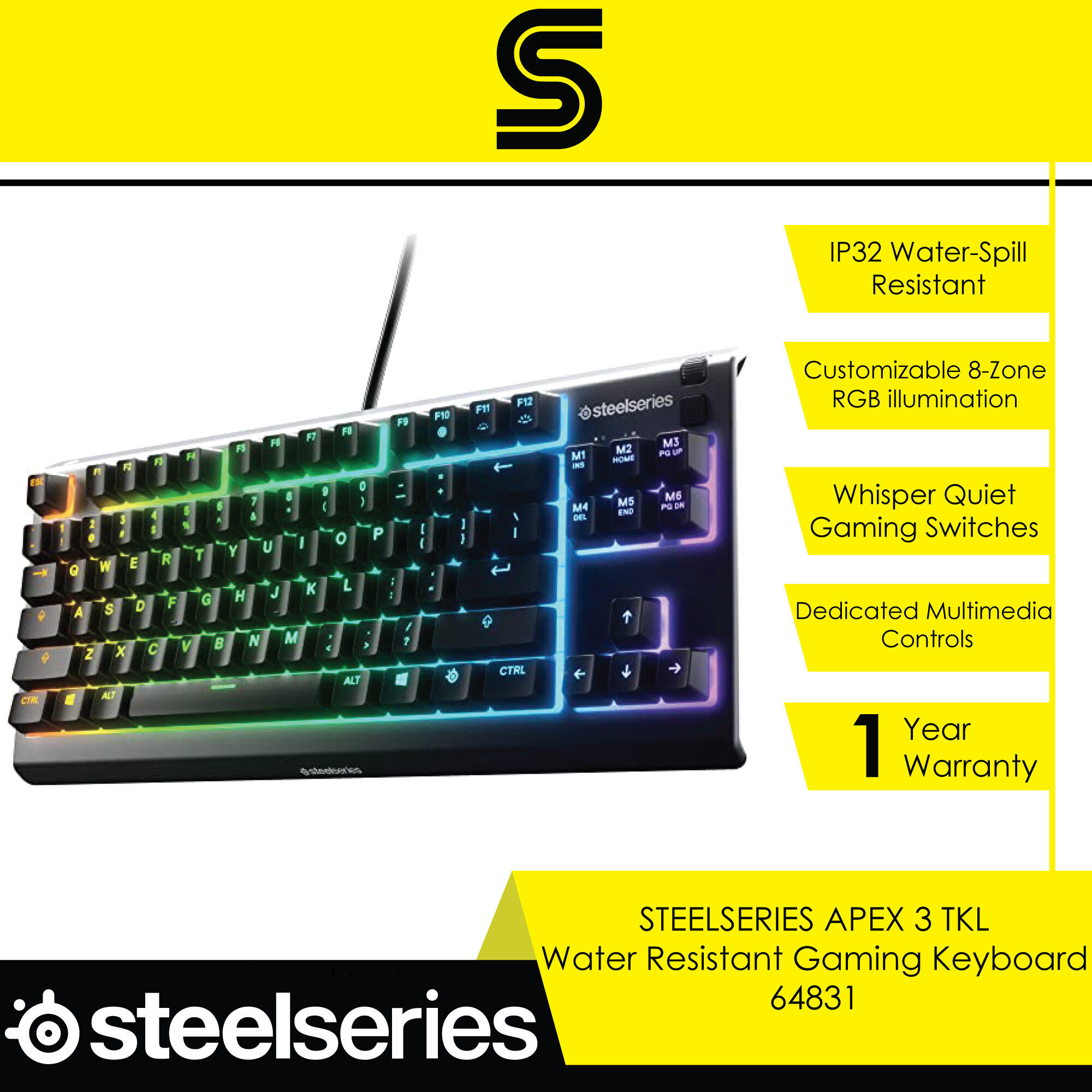STEELSERIES APEX 3 TKL Water Resistant Gaming Keyboard - 64831
