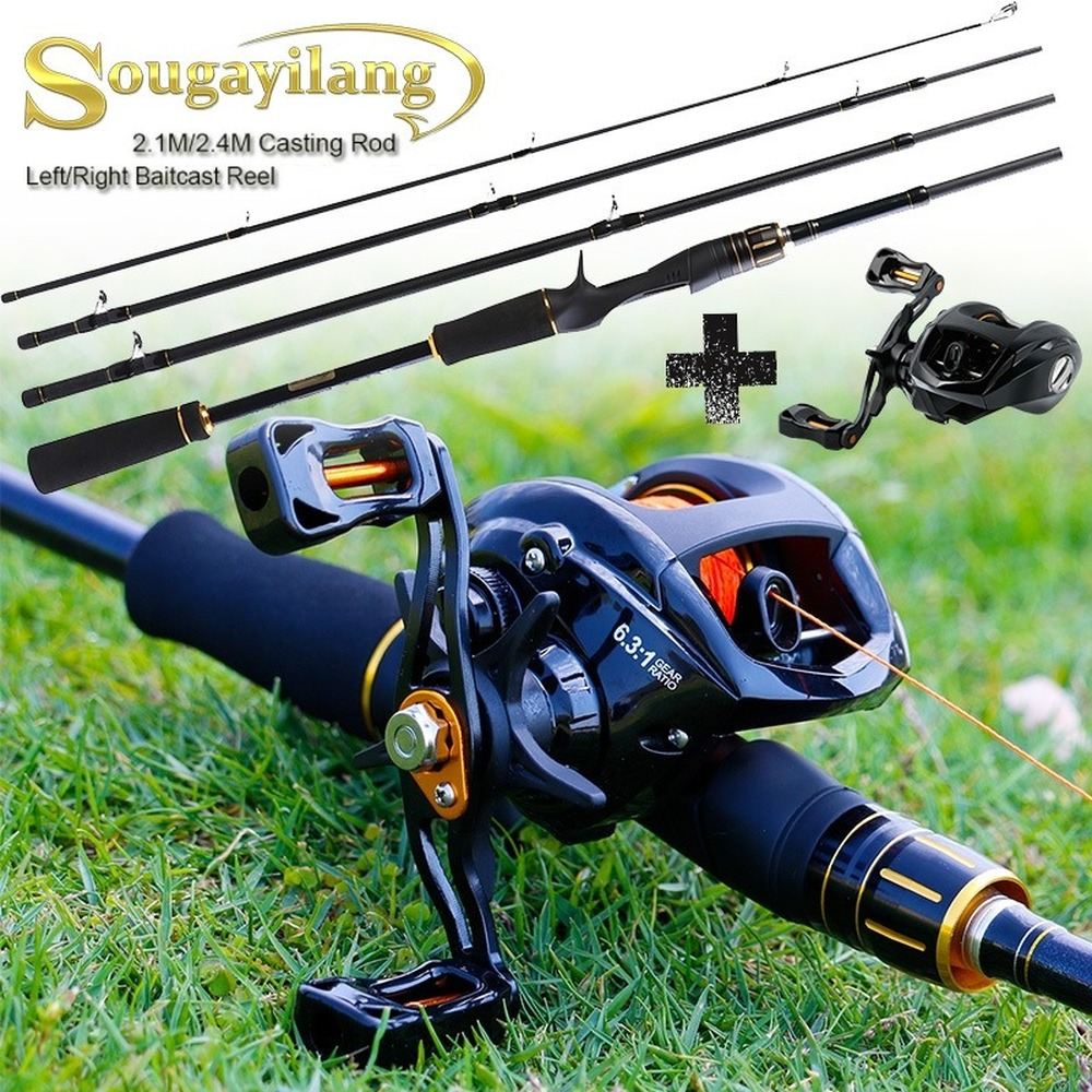 Bộ cần câu máy ngang và cần câu máy ngang bằng sợi carbon 4 khúc 2.1m 2.4m và máy câu ngang 12 + 1bb để chèo thuyền bass câu cá nước ngọt nước mặn