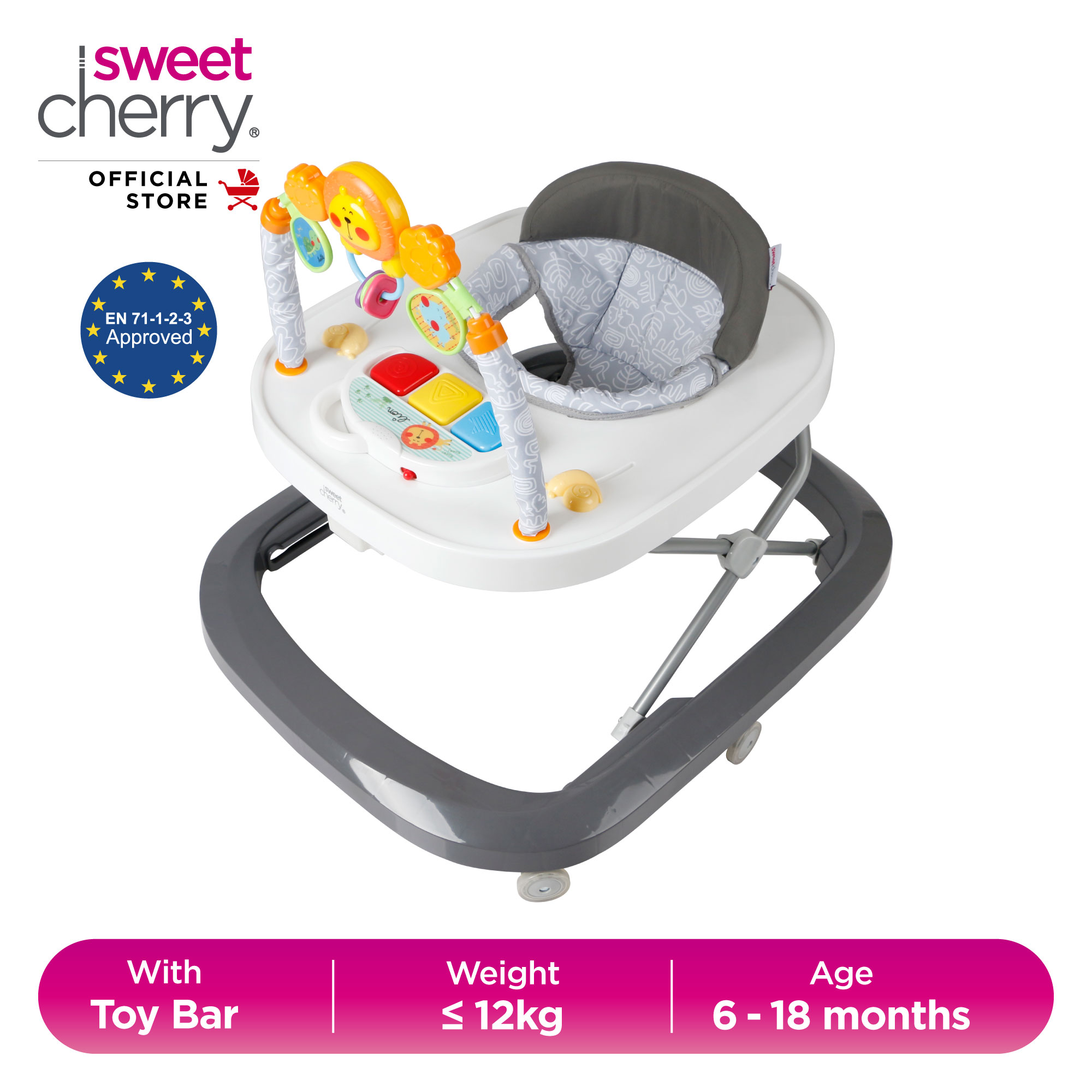 Sweet Cherry Baby Learning Walker Adjustable Height with Activity Toy Bar and Music Tray J1607 Kingdom Walker