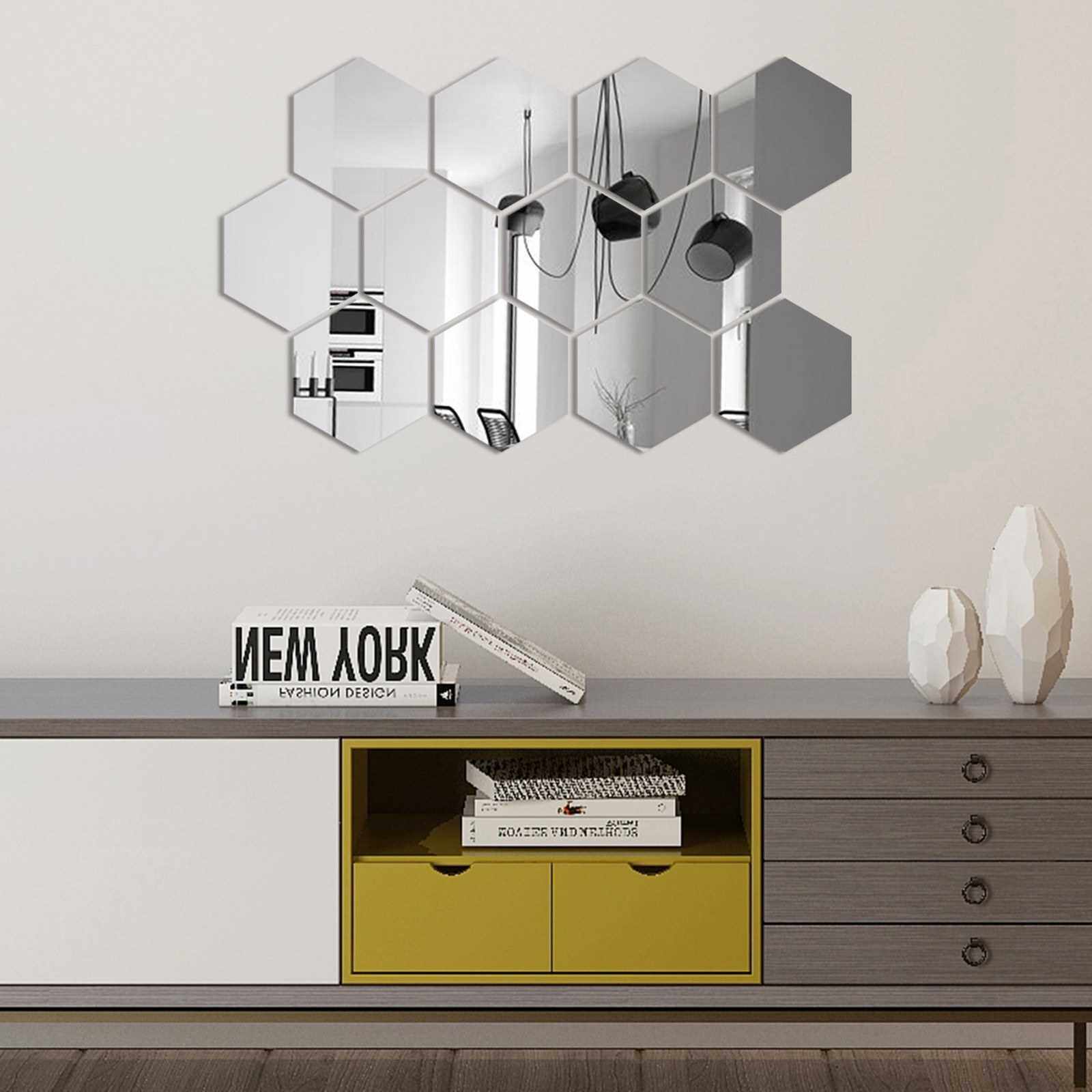 Best Selling 12PCS Mirror Wall Decals Hexagon Wall Stickers Removable Acrylic Decorative Mirror DIY Home Decorations for Bedroom Bathroom Living Room (Silver)