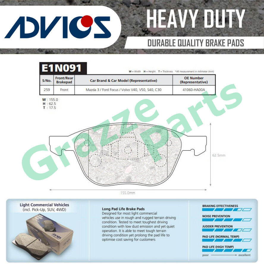 Advics Aisin Heavy Duty Disc Brake Pad Front E1N091Y for Ford Focus Focus Mazda 3 5 Volvo C30 C70 S4