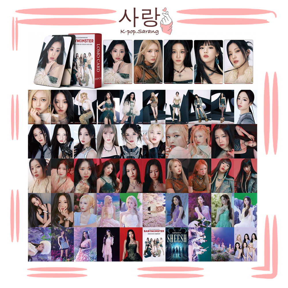 55pcs BabyMonster《SHEESH》White Red Stamp LOMO Cards Set Collection Kpop Ruka Pharita Asa Rami Rora Chiquita Ahyeon Photocard Kad Foto 10pcs