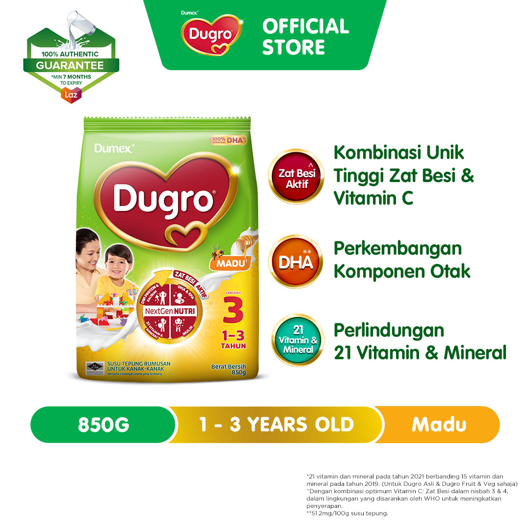 Dumex Dugro Step 3 Honey/Madu Growing Up Milk Formula 1 - 3 years 850g (Susu Milk Powder 奶粉)