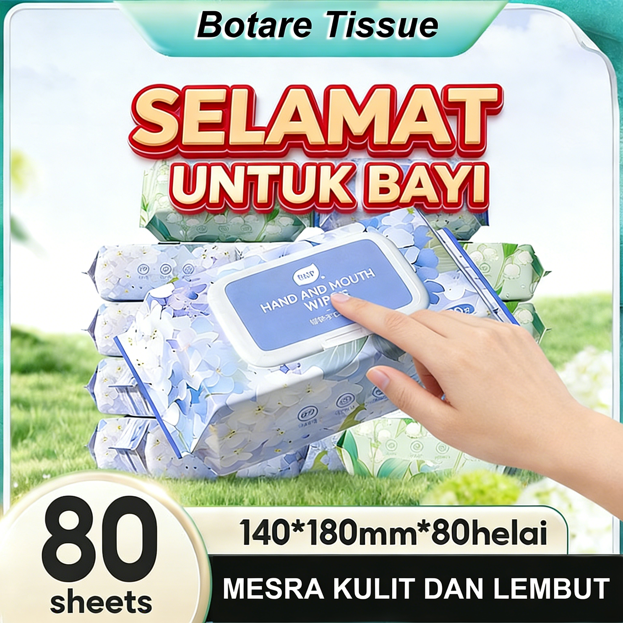 【1Packs】Botare 80Sheets Tricolor Flower Pack Wipes Refreshing and soft hand and mouth for baby