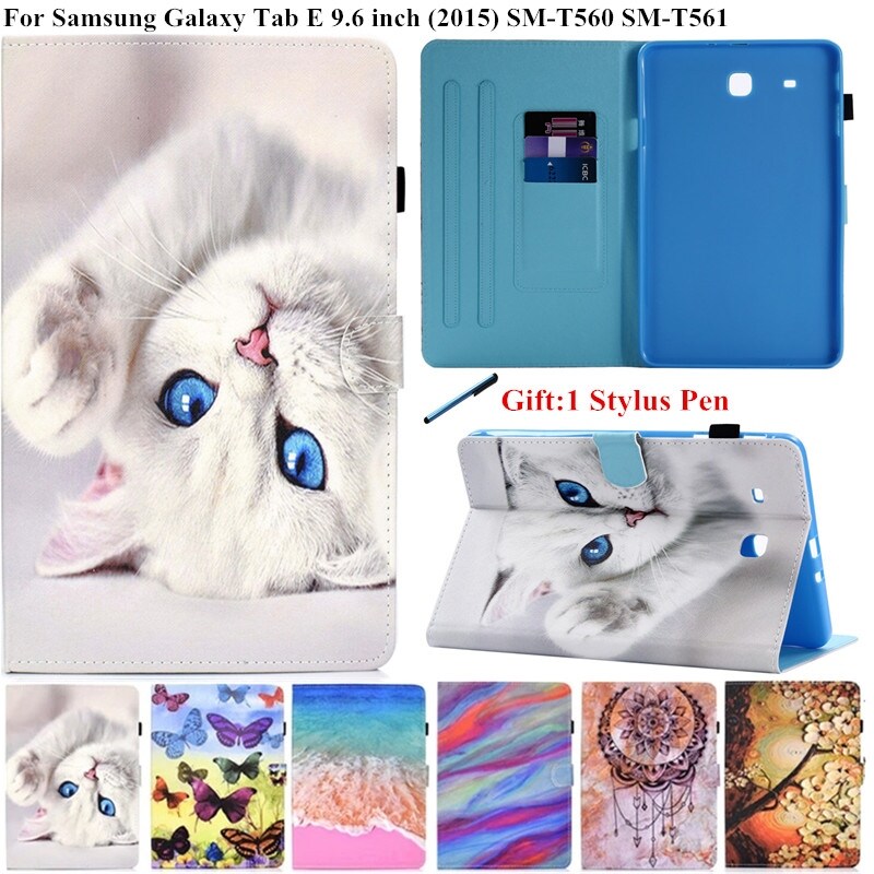 {hot} For Samsung Galaxy Tab E 9.6 inch SM T560 Case Cute Cat Butterfly Painted Tablet Cover for Funda Samsung Galaxy Tab E T561 Kids