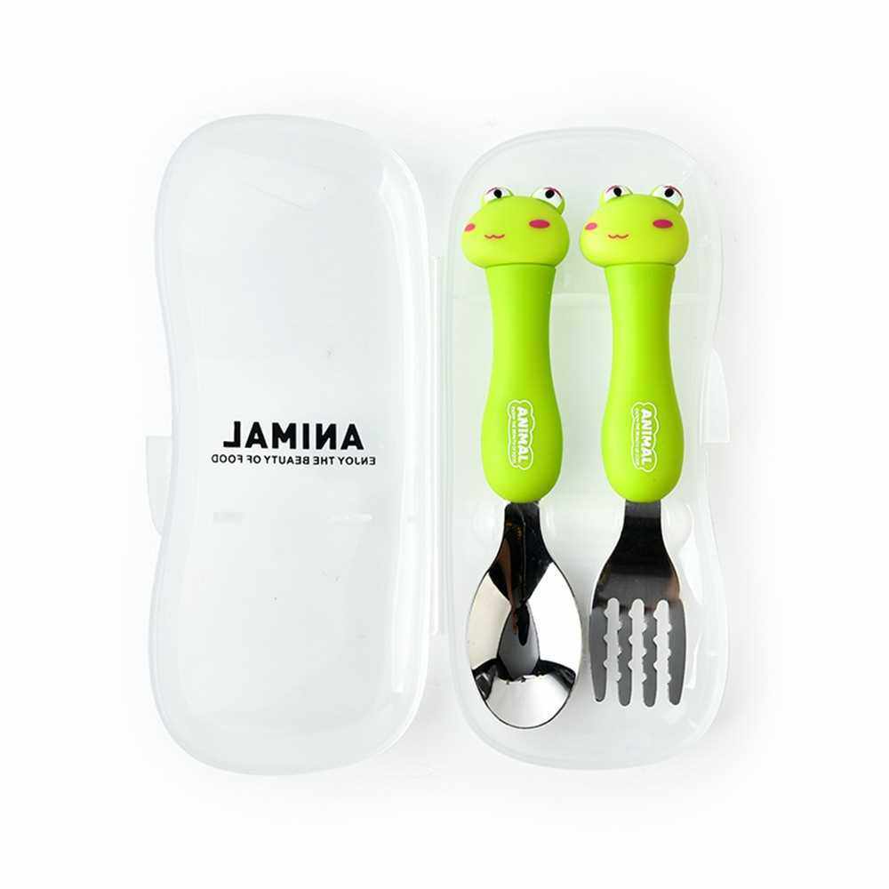 2Pcs Kids Silverware Travel Carry Set Children Portable Tableware Toddler Utensils Kids Spoon & Fork Set with Travel Case (Green)