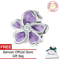 BAMOER 925 Sterling Silver Purple Enamel Flower Beads Clear Zircon Charms for Women Original Bracelet Fine Jewelry SCC2459