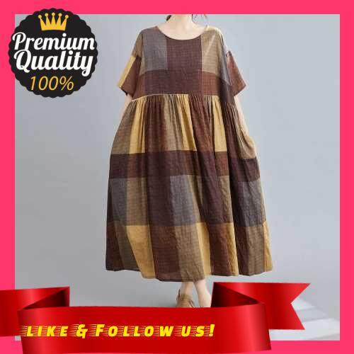 People's Choice Women Cotton and Linen Dress Vintage Plaid Print O Neck Half Sleeves Side Pockets Robes Casual Loose Oversized Maxi Long Dress (Coffee)