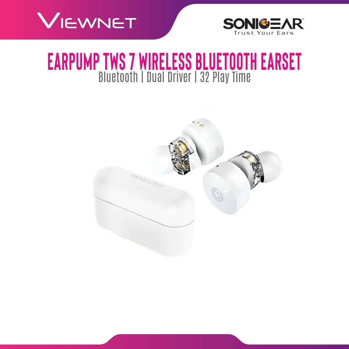 SonicGear Wireless Earpump Earbud TWS 7 HyperBass with Bluetooth 5.0, Dual Driver, Ergonomic In Ear Design, Voice Assistant, Super Mic Reception, 8 Hour Music Play Time (50% Volume) + 24 Hour for Battery Case
