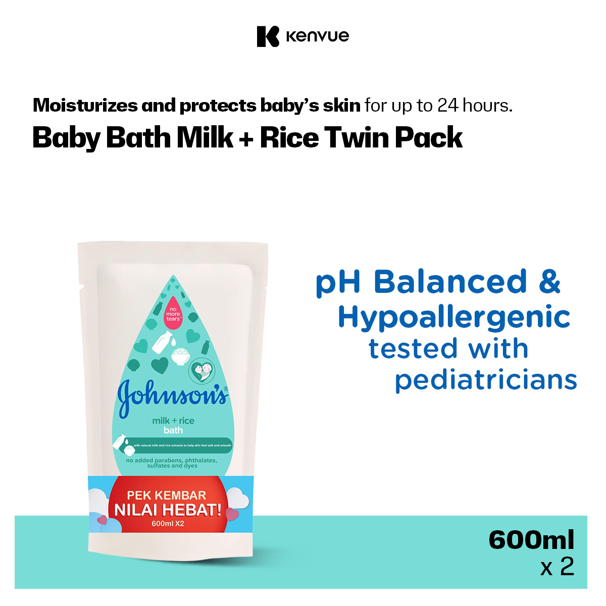 Johnsons Baby Milk + Rice Bath 600ml Refill [Twin Pack]