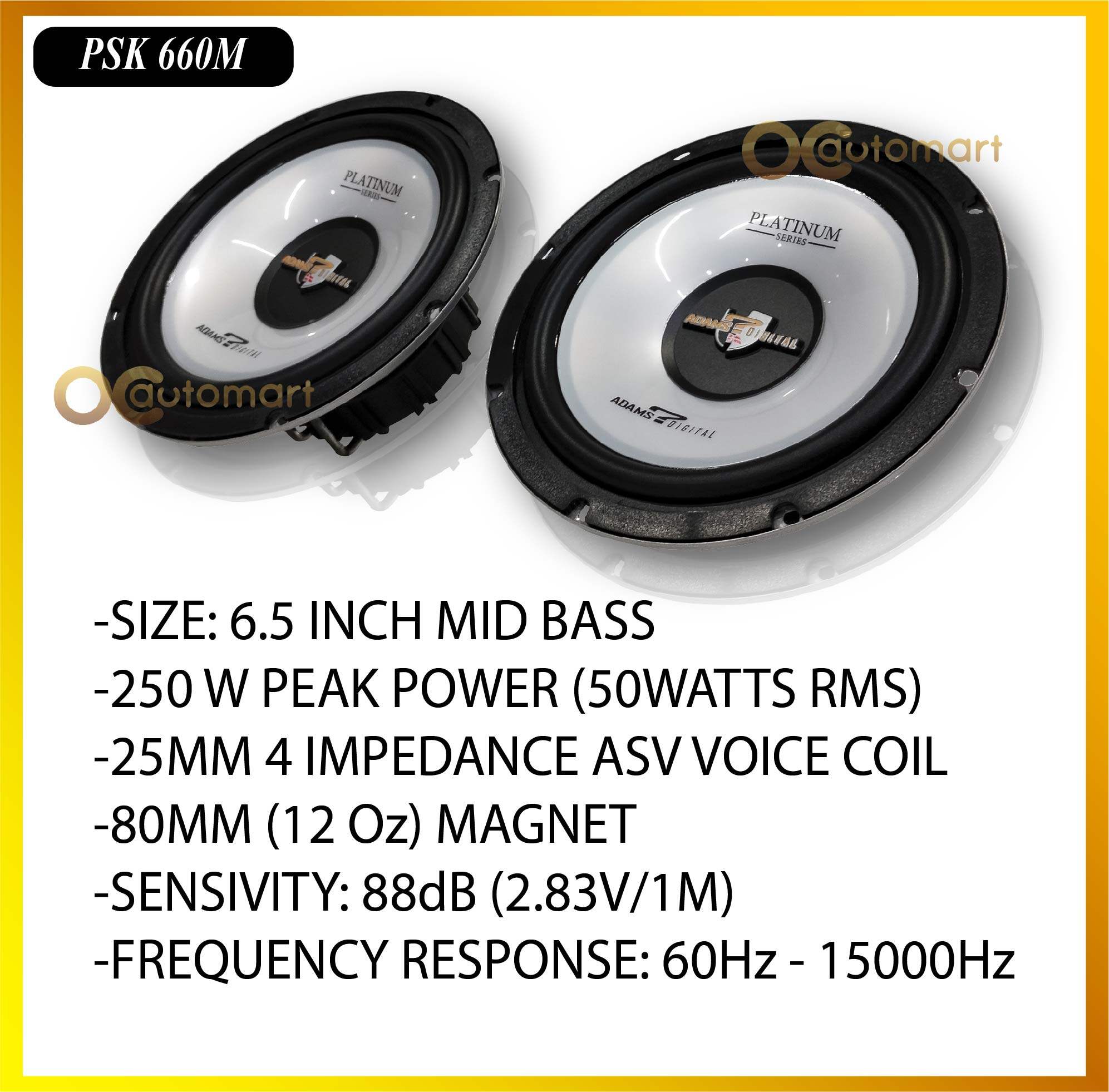 Adams Digital Platinum Series 6.5 inch Mid Bass 250 Watts PSK 660M Car Speaker Mid Range Spiker Kereta 6.5"