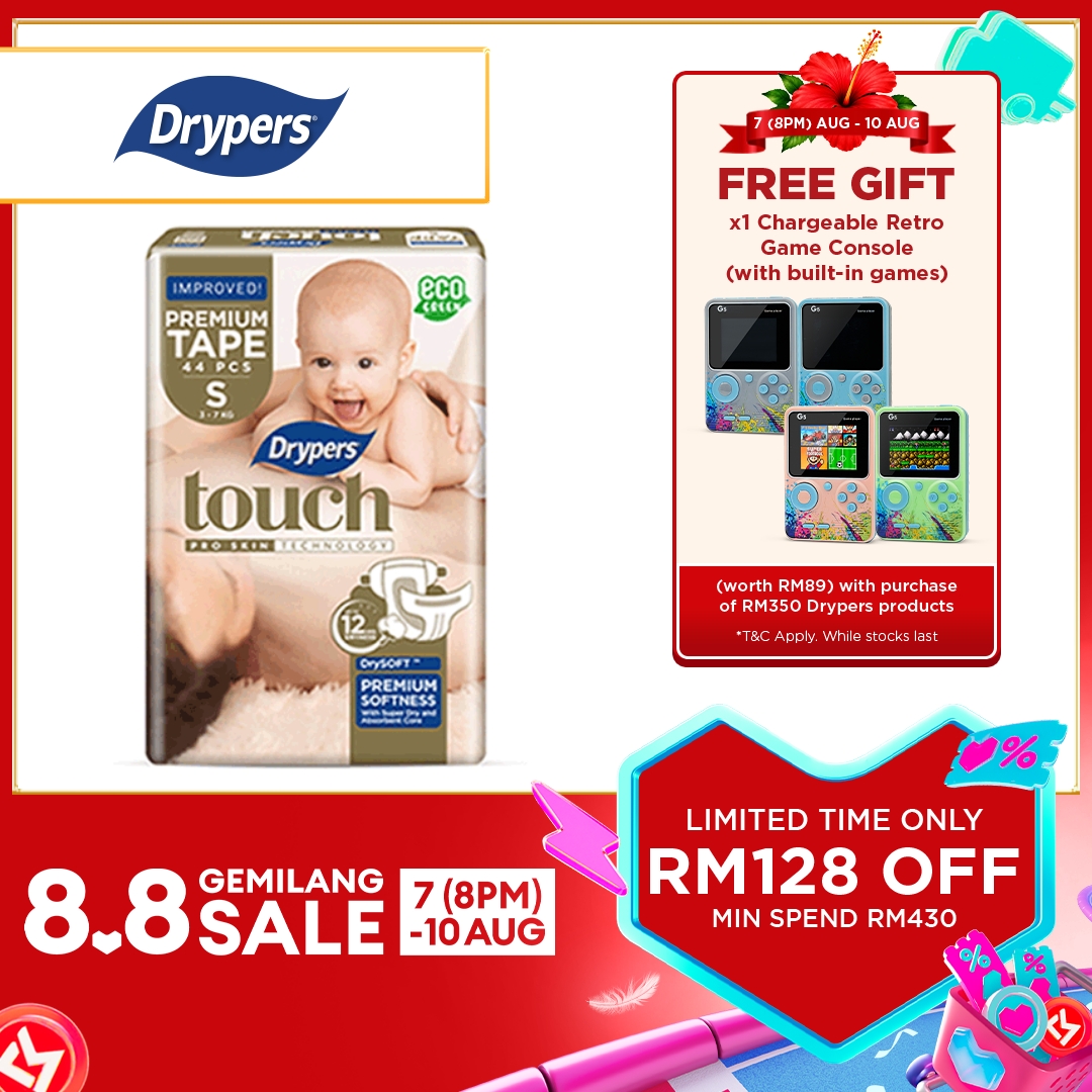 Drypers Touch Baby Tape Diapers NB80/ S44/ M40/ L34 (1 Pack) - Super Soft & 12hr Dryness