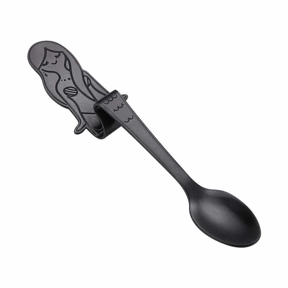 Mermaid Coffee Spoon 304 Stainless Steel Curved Hanging Spoon Tea Dessert Drink Mixing Kitchen Gadget Tableware (Black)