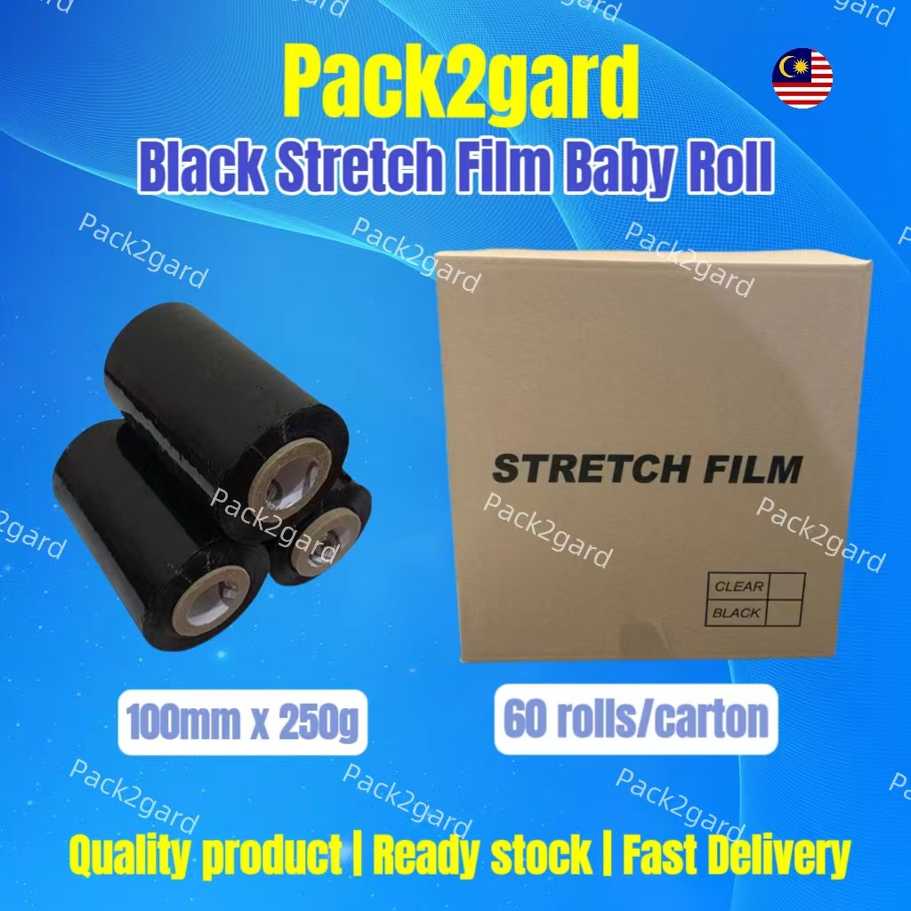 Pack2gard Stretch Film Baby Roll / One Carton ( 60 rolls ) / Clear/Black /100mm x 200 or 250gm / 23 micron