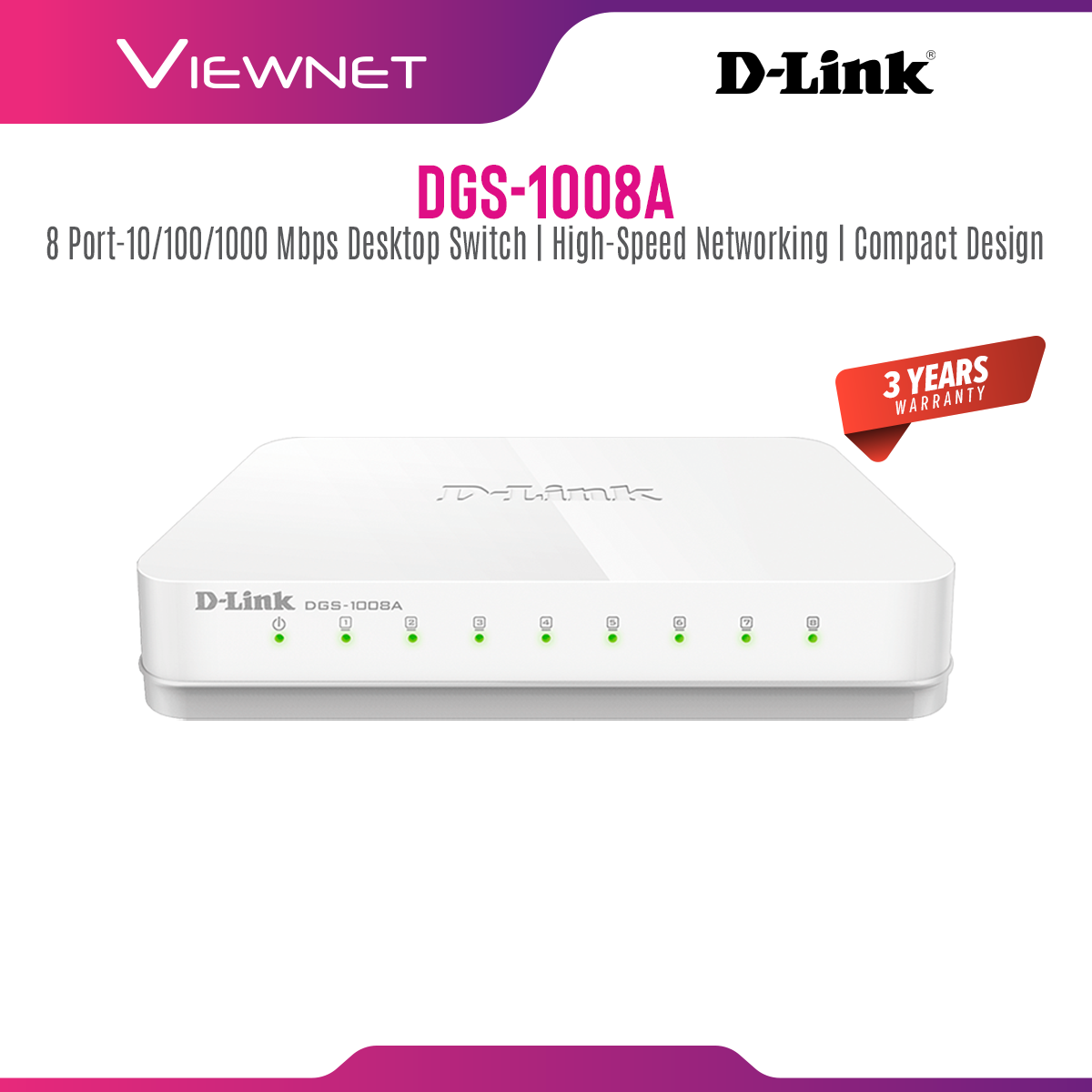 D-Link DGS-1008A 8-Port Unmanaged Gigabit Desktop Switch In Plastic Casing