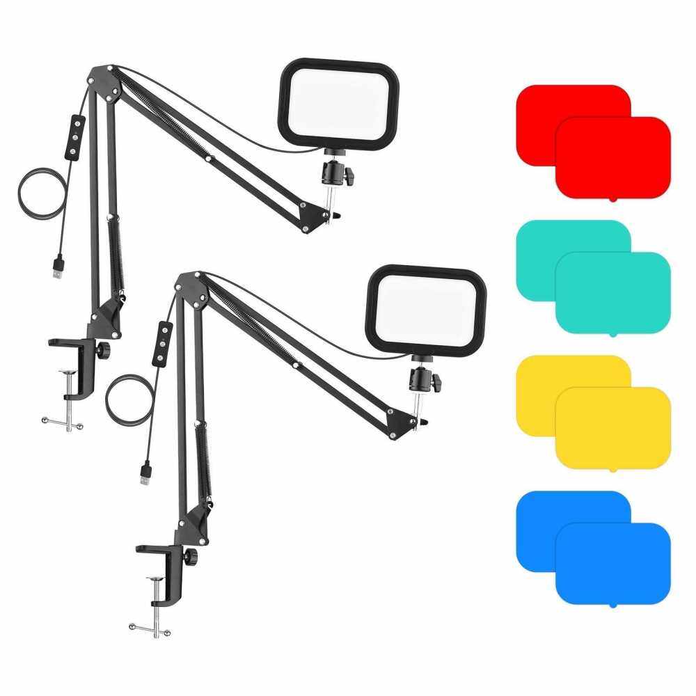 Andoer PH-04 Compact LED Video Light Kit Including 2 * 5600K USB LED Fill Light + 2 * Desk Mount Metal Light Stand + 2 * Flexible Metal Ballhead + 8 * Color Filters(Red/Yellow/Blue/Green) for Live Streaming Online Teaching Video Conference Lighting Prod