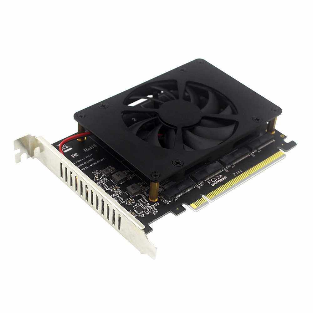 M.2 NVME to PCI-E X16 Adapter Card Expansion Card with Four M.2 M-Key Interfaces Cooling Fan Support 2230/2242/2260/2280 M.2 SSD (Standard)